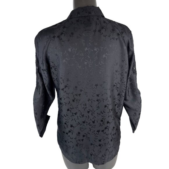 VOGUE Dessous VTG Jacquard Satin Button Front Long Sleeve‎ Black Pajama Set Sz M - Picture 4 of 16